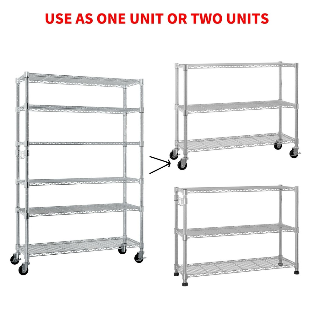 6-Tier Rolling Wire Shelving Unit - Heavy Duty, Adjustable, Hooks & Silver