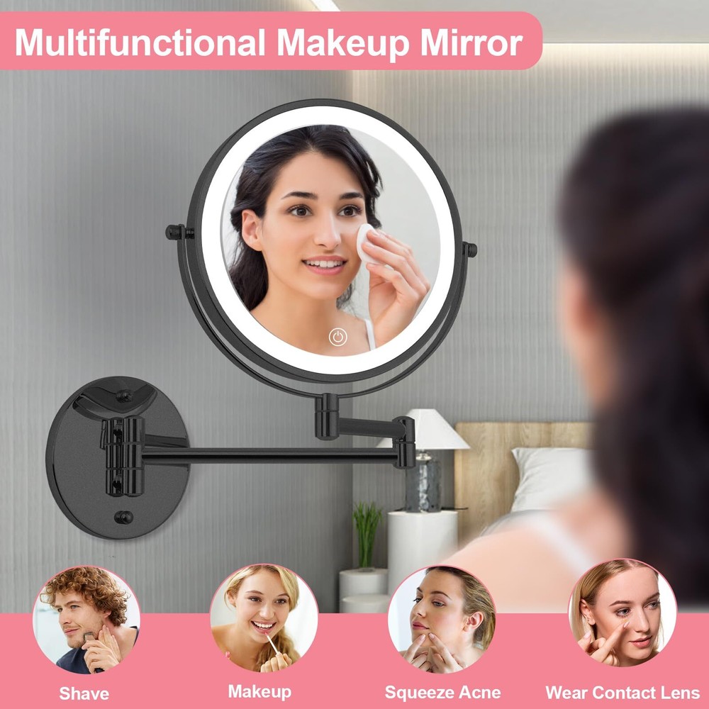 Rechargeable Wall Mounted Lighted Makeup Mirror 8" Double-Sided Magnifying Va...