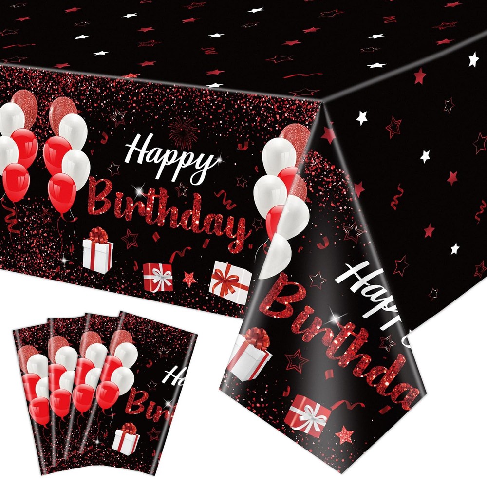 Plastic 4 Pack Black-Red Tablecloth, 51x87'' Rectangular Waterproof Disposabl...