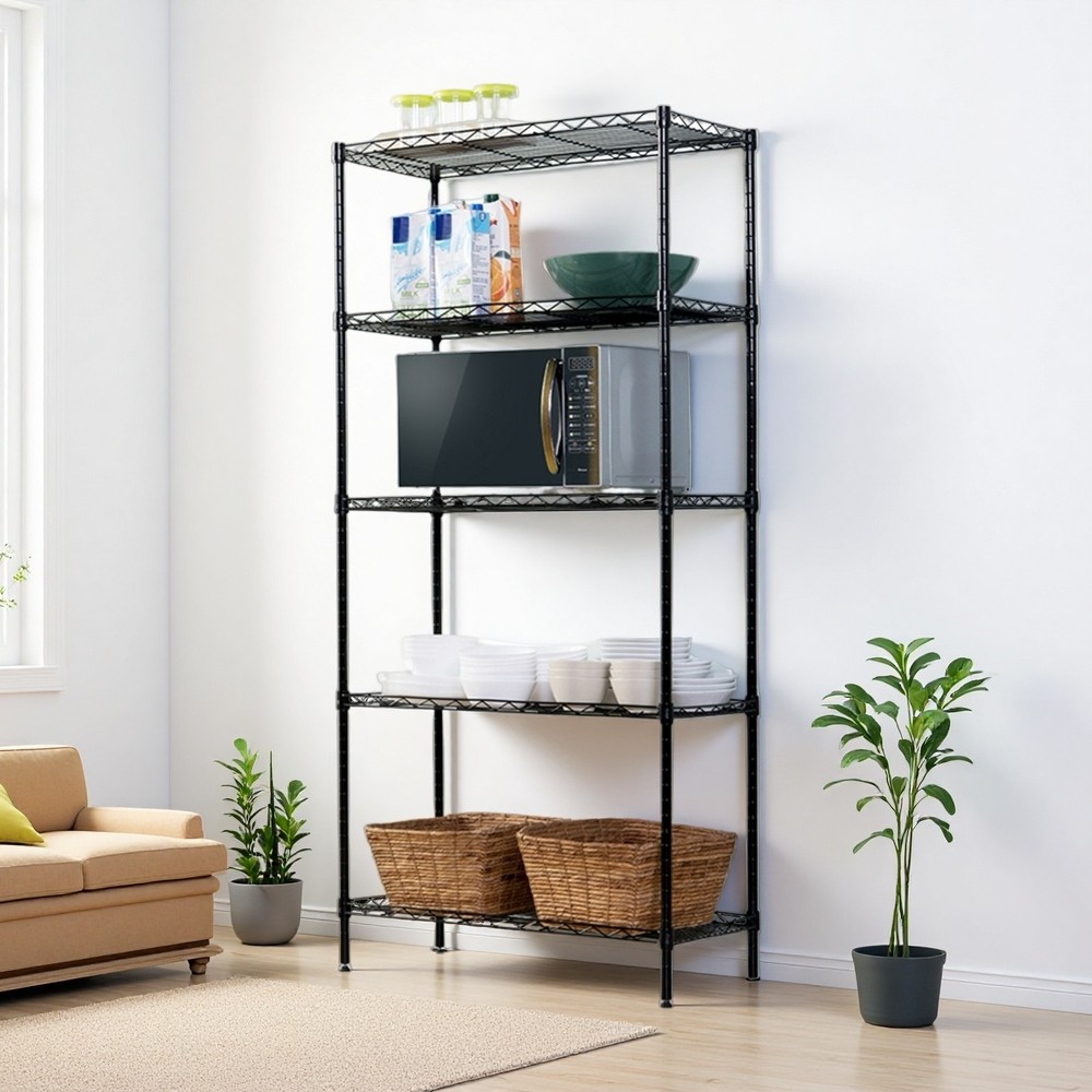 5-Tier Wire Shelving Unit - Adjustable, Black & Modular Kitchen Storage Rack