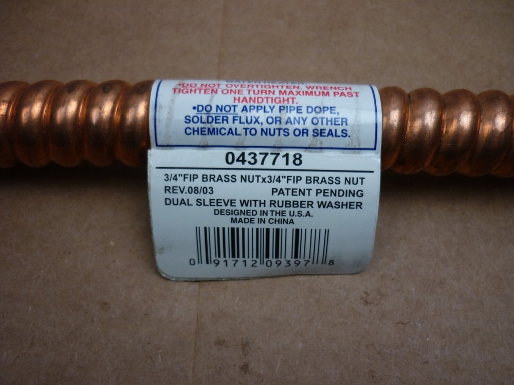 Water Heater, Copper Connector 3/4" FIP Brass Nut, Dual Sleeve, 0437718