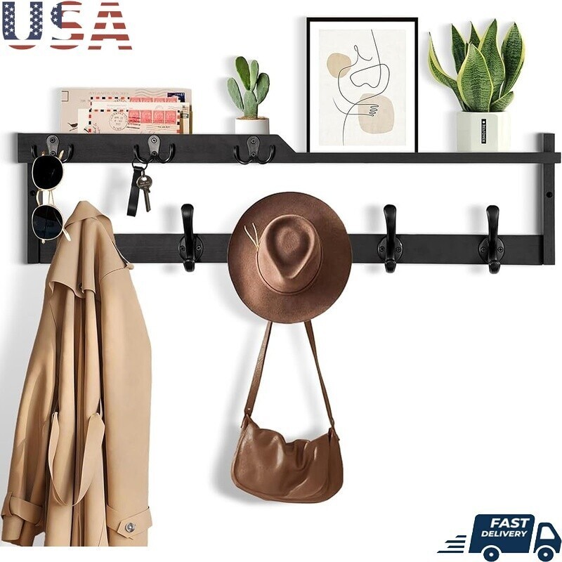 Wall Mounted Coat Rack W/ Shelf Key Hooks Mail Organizer Hat Rack Storage Black