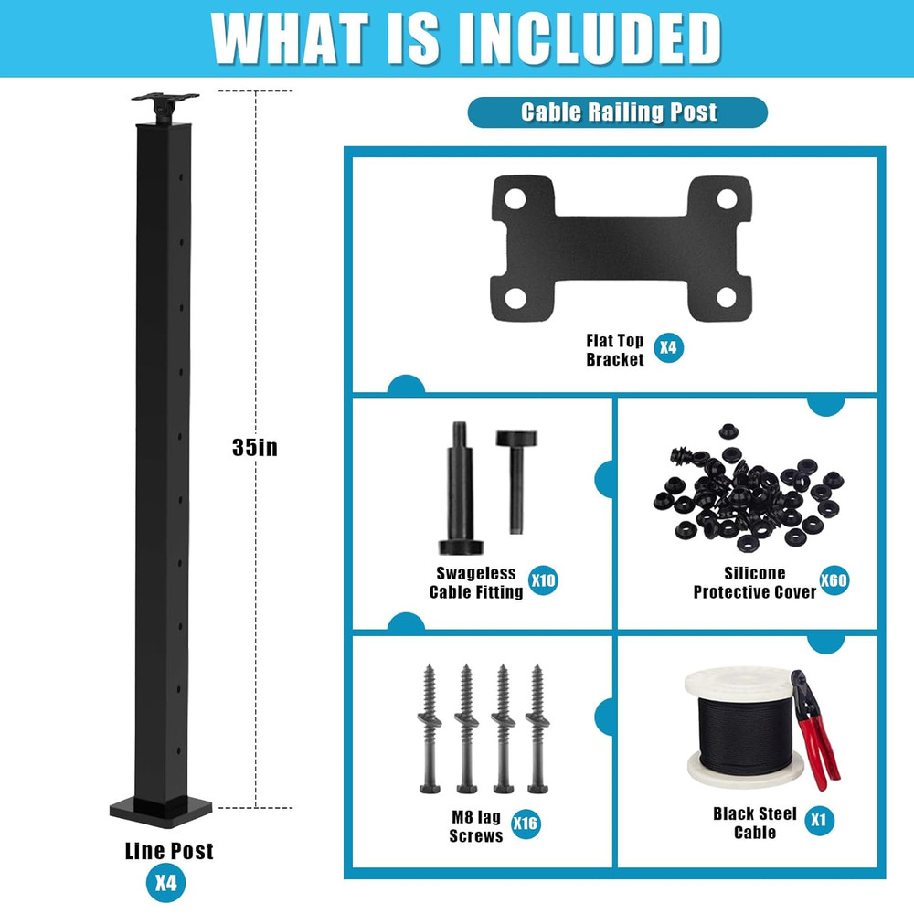 36" Stainless Steel Cable Railing Kit with 4 Adjustable Posts & 200Ft Cable