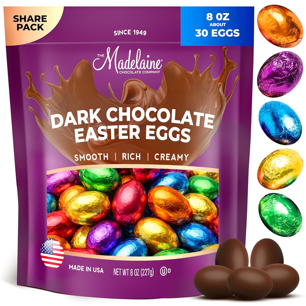 Madelaine Chocolates Easter Eggs (1/2 LB) Solid Premium Dark Chocolate Eggs Foil