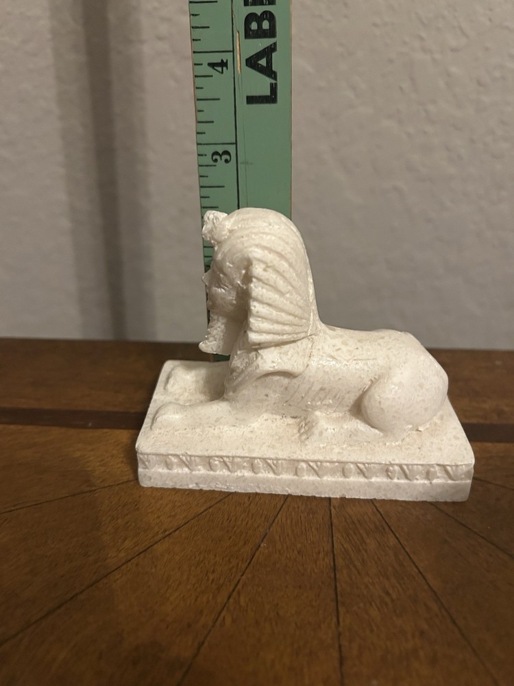 Small Egyptian Sphinx Figurine Carved White Alabaster 3”