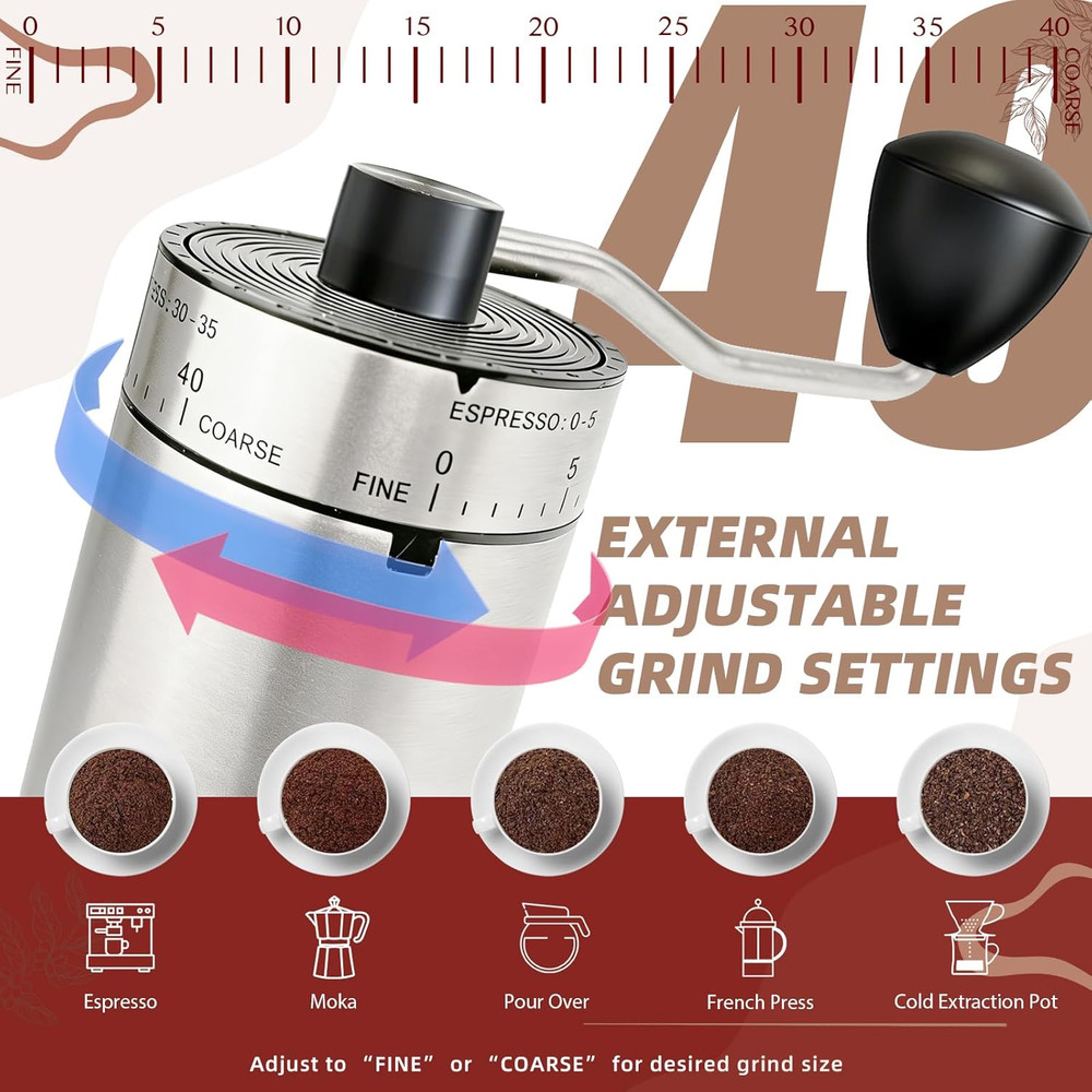 Manual Coffee Grinder 40 External Adjustable Settings, Ceramic Conical Burr Stai