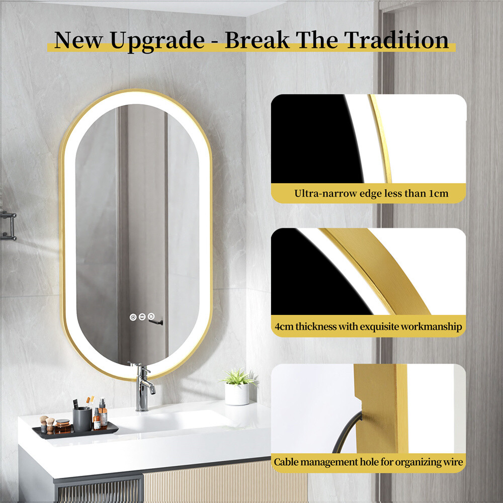 Oval LED Bathroom Mirror Gold Metal Frame Vanity Mirrors Dimmable 3 Touch Switch