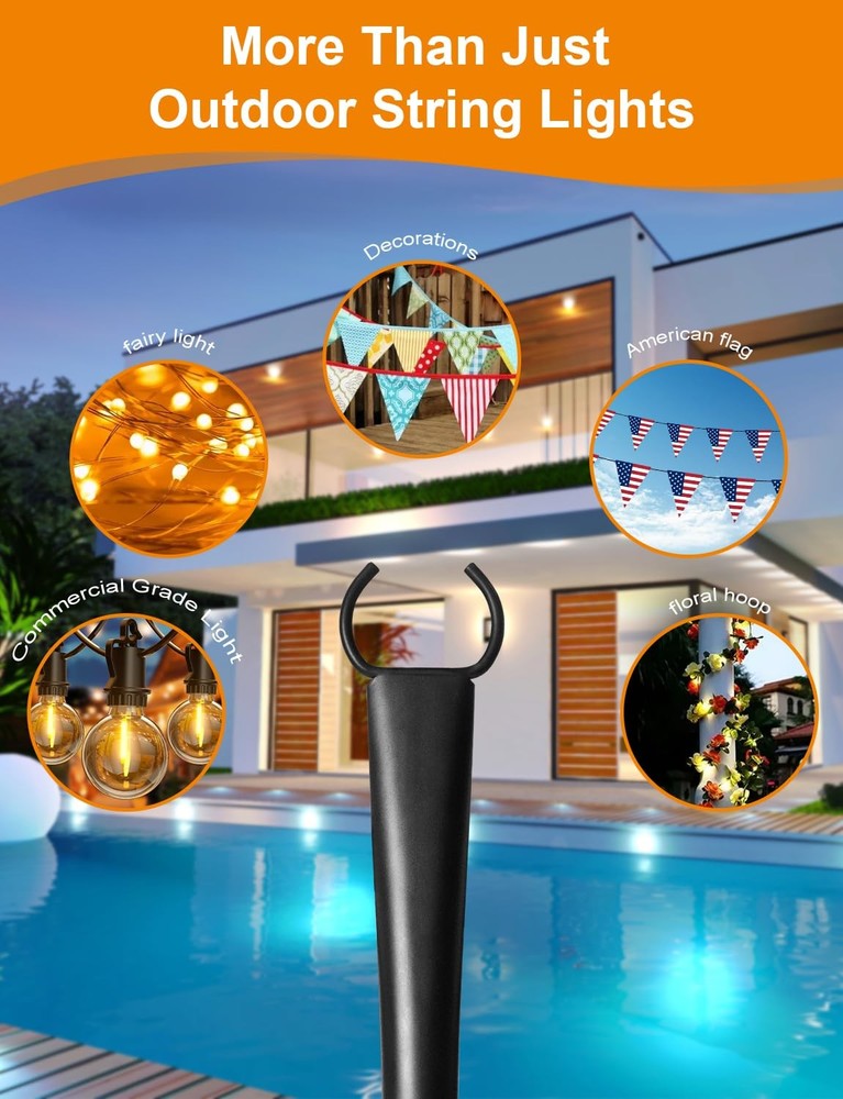 2 Pack String Light Poles for Outside, Thickened Metal Lights 2 Pack, Black