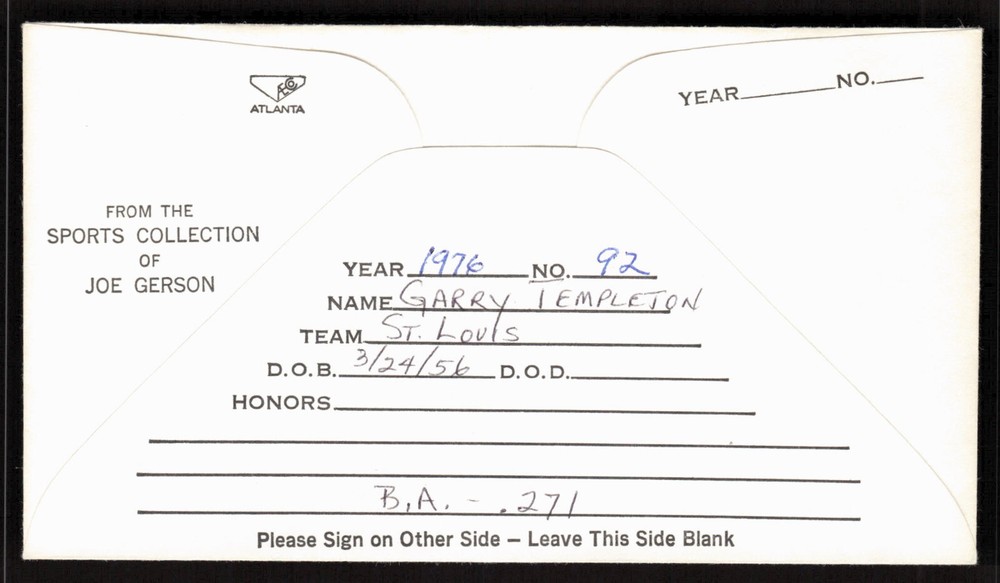 Garry Templeton Signed FDC Pasted on Baseball Sticker Envelope Stamp Cachet Auto