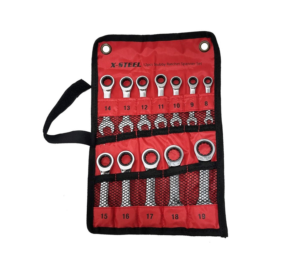 Expert Cr-V Chrome Stubby Ratchet Combination Ring Open Spanner 8-19mm 12pc Set