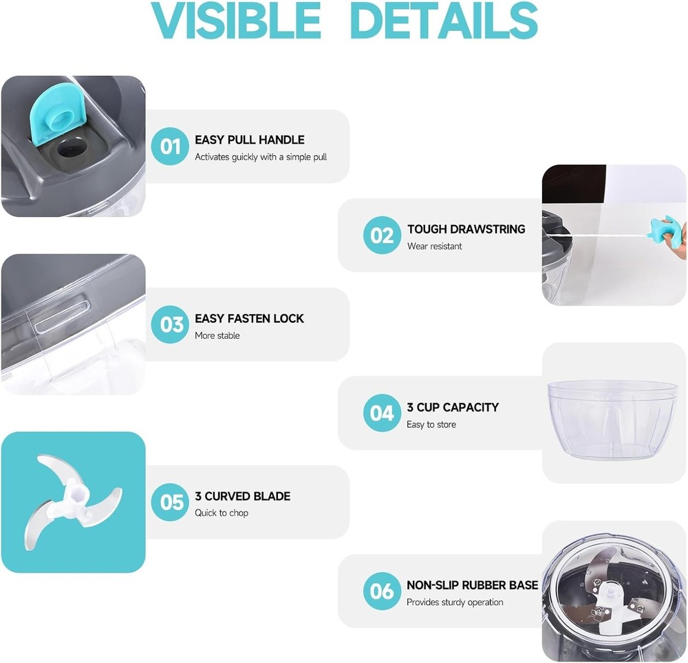 Manual Food Processor Vegetable Chopper, Portable Hand Pull String Garlic Mincer