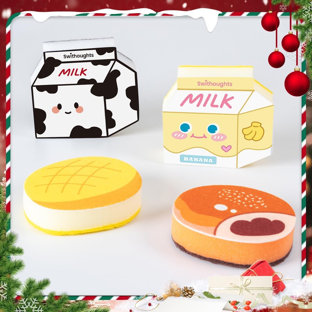 4-Piece Milk & Bread Sponge Set (4 Unique Designs) - Double-Sided Kitchen Cle...