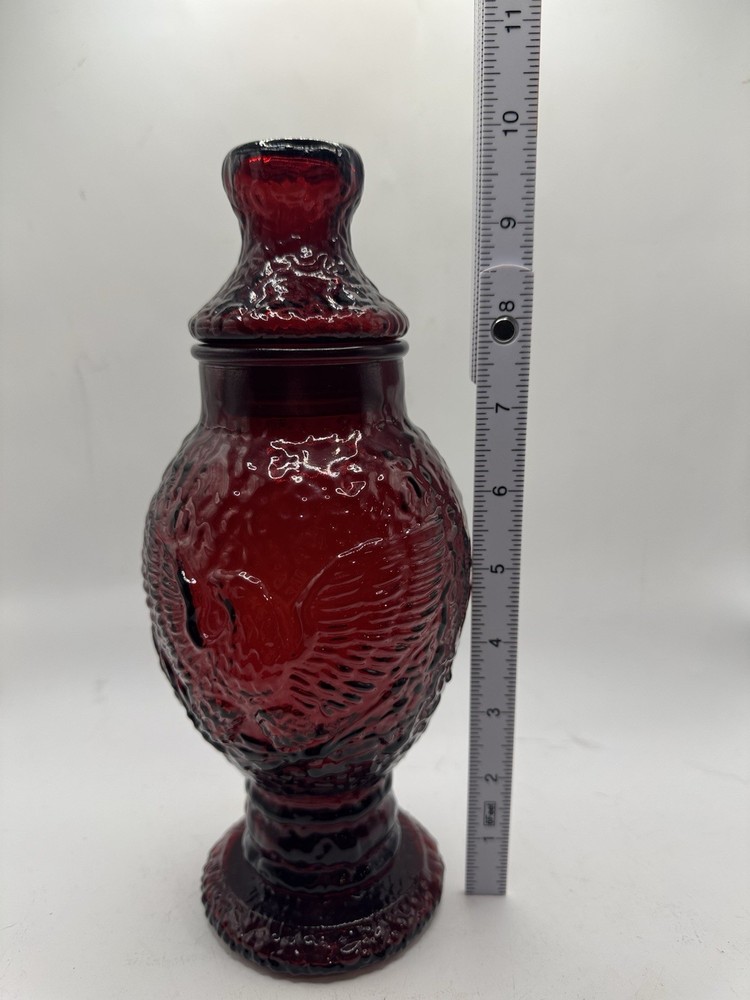 Vintage Ruby Red Eagle Pattern Pressed Glass Lidded Compote Pedestal Candy Jar