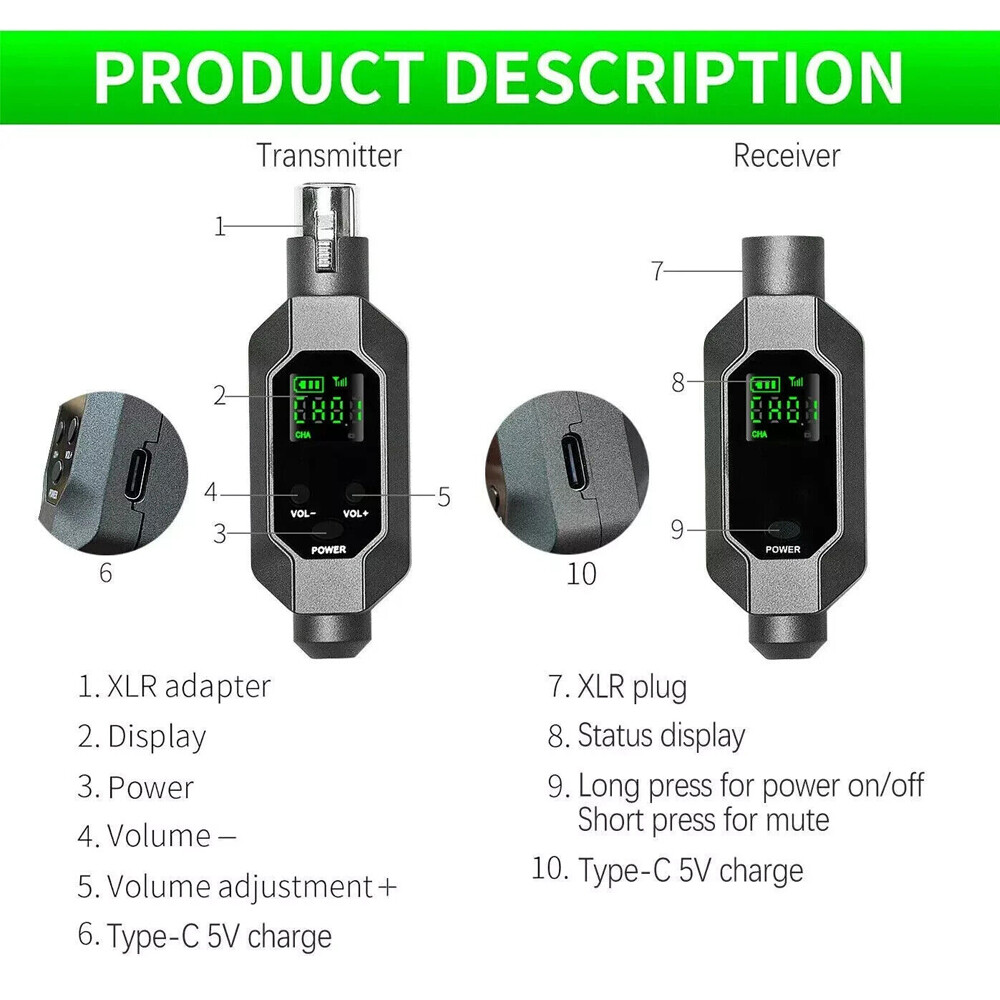 For 2 mic Wireless Microphone Converter XLR Transmitter and Receiver Microphone