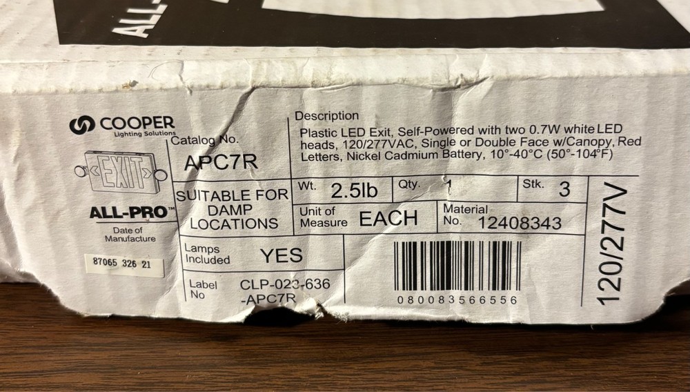 Cooper Lighting Thermoplastic Exit Emergency Combo White LED APC7R - new in box