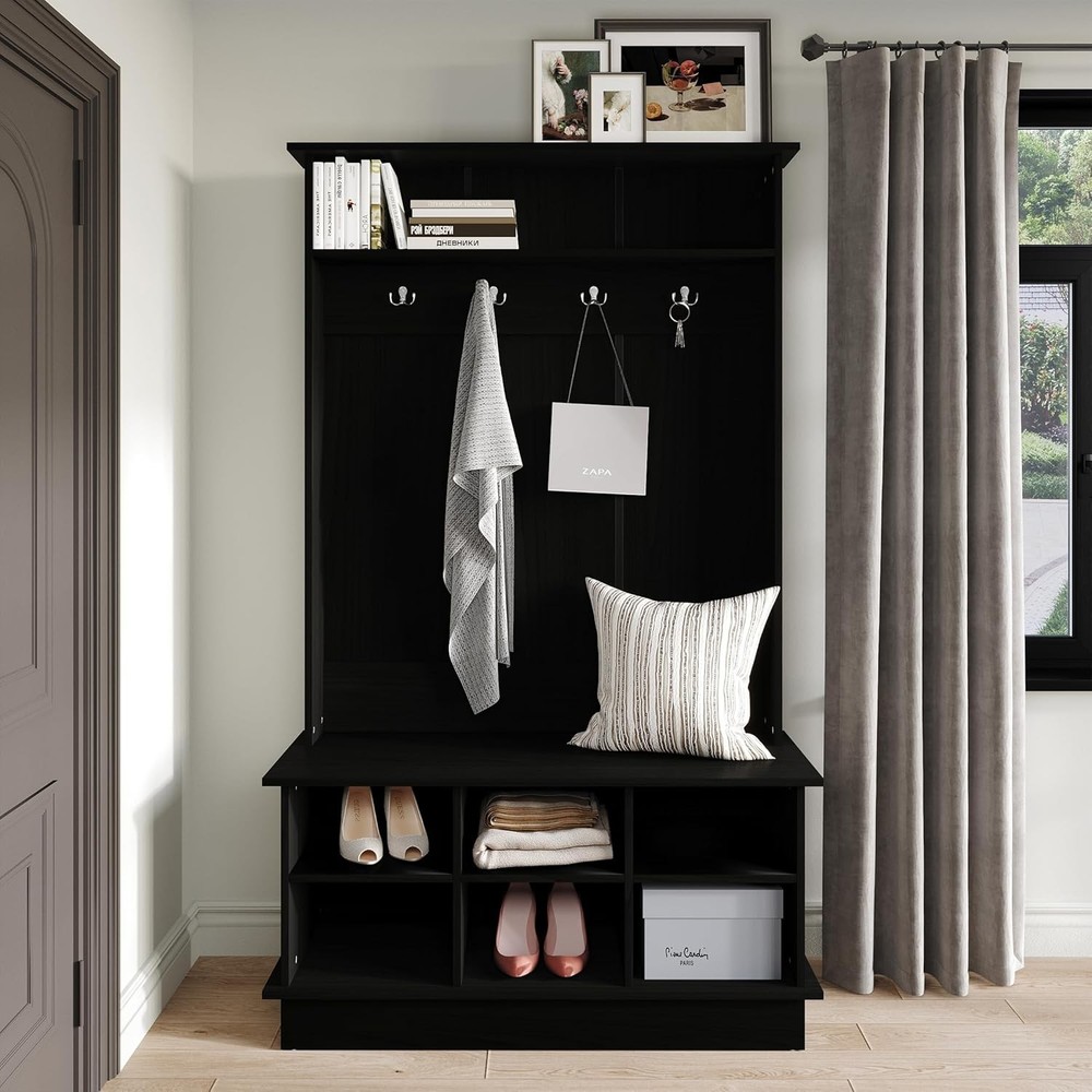 Entryway Hall Tree W/ Bench & 6 Storage Cubbies White