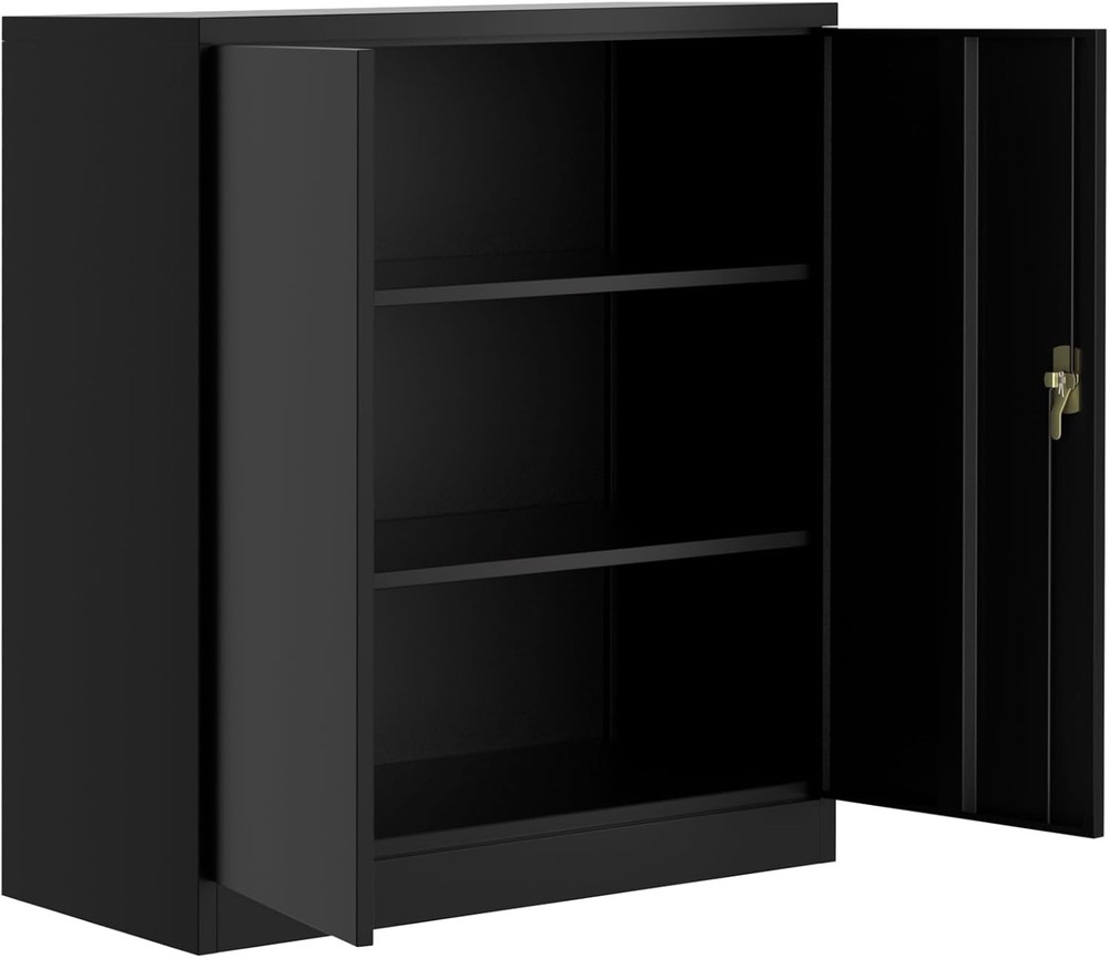 Metal Storage Cabinets With Lockable Handle Doors & Adjustable Shelves Black