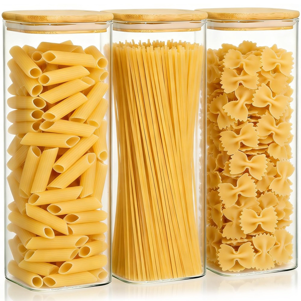 72oz Glass Spaghetti Pasta Storage Containers with Lids, 3-Pack Tall Square A...