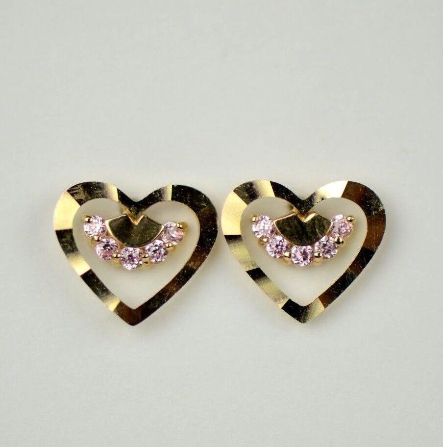 14k Solid Yellow or White Gold Heart Shape CZ Stud Earrings