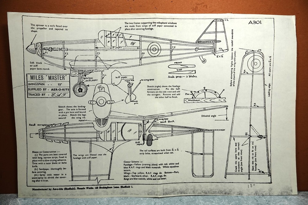MILES MASTER BALSA FREE FLIGHT MODEL AIRPLANE PLANS 15" WINGSPAN