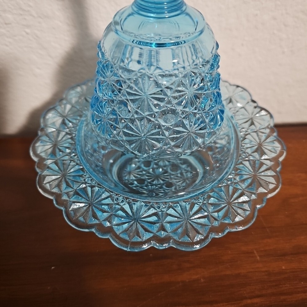 L E Smith Blue Daisy & Button Bell Shape Candy Sish Bowl Rare