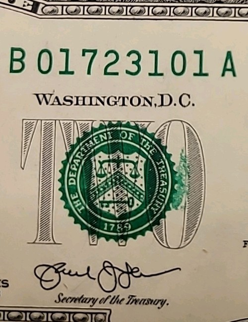 2013 Two Dollar Bill Error Over Ink On The Seal