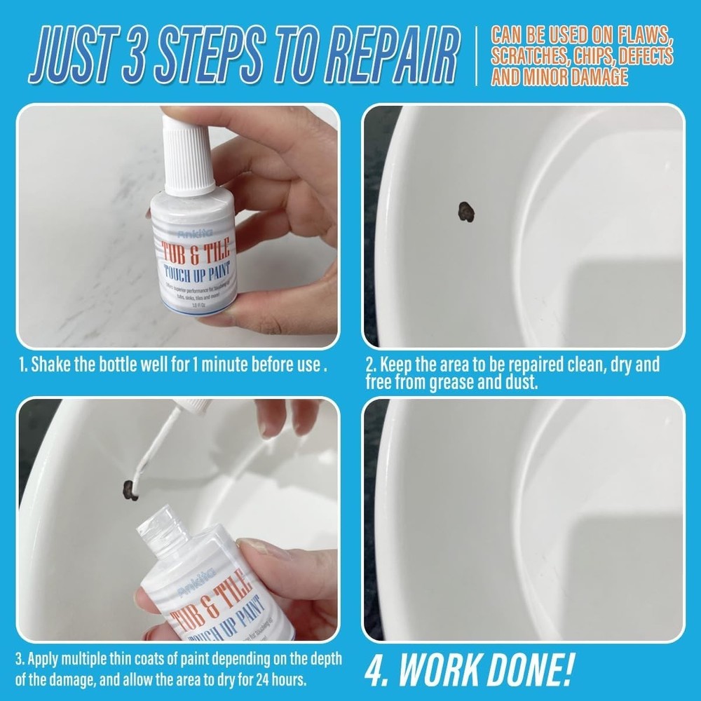 High-Gloss White Tub & Tile Paint - Quick-Dry Waterproof Solution, 1 Fl Oz