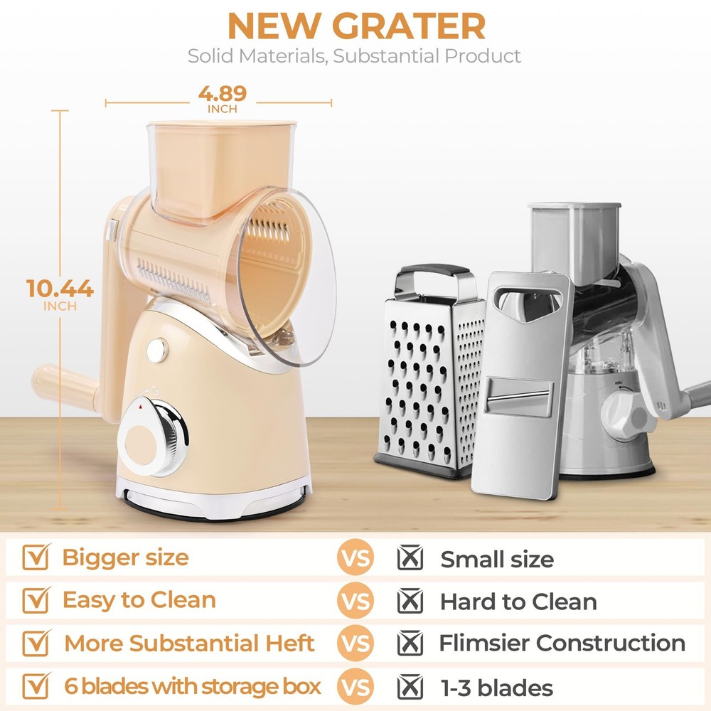 Rotary Cheese Grater with Handle, Vegetable Slicer, 6 Interchangeable Blades,...