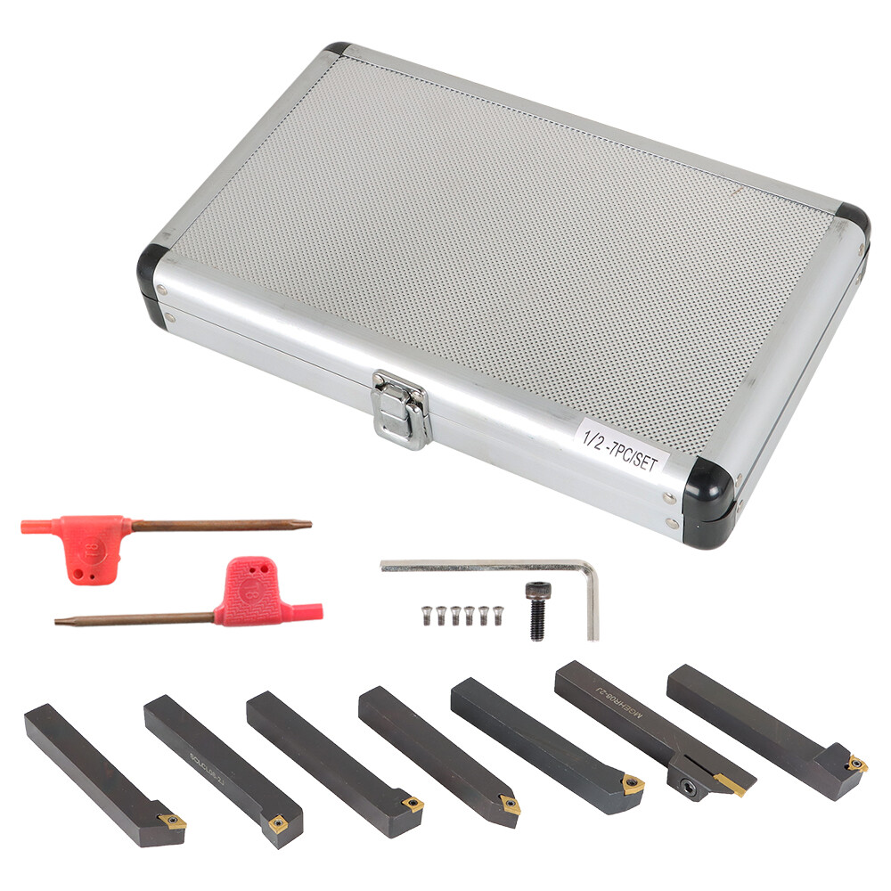 7Pcs 1/2" Lathe Tool Bit Thread Insert+Holder Set Carbide Indexable Turning Tool