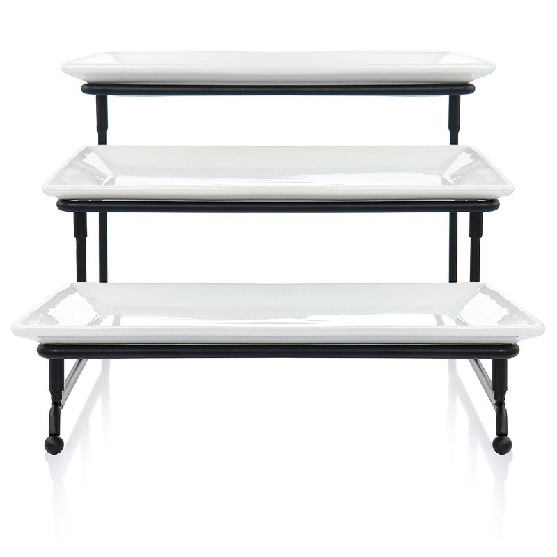 3 Tier Rectangular Porcelain Serving Plate Set Metal Rack Elegant Serveware New