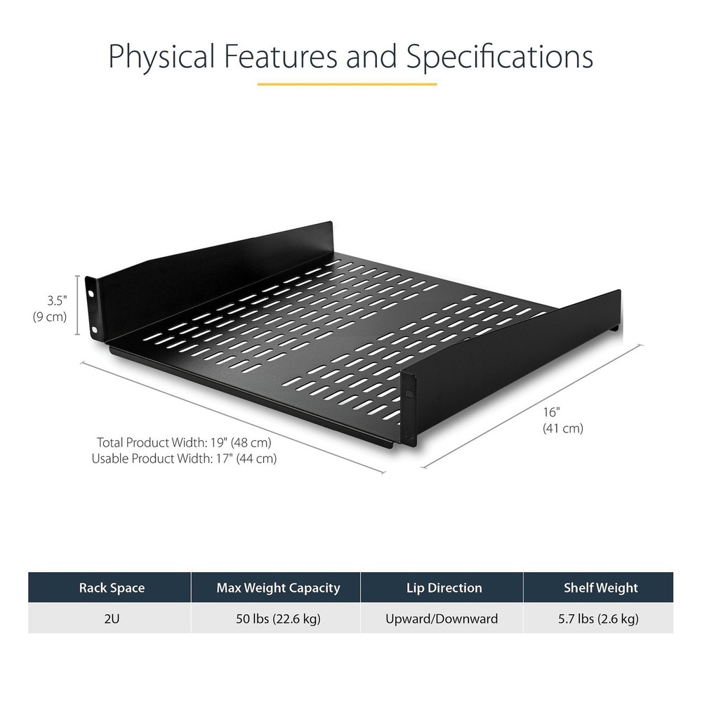 StarTech.com CABSHELFV 2U 16in Vented Fixed Rack Shelf 50lbs Max Capacity
