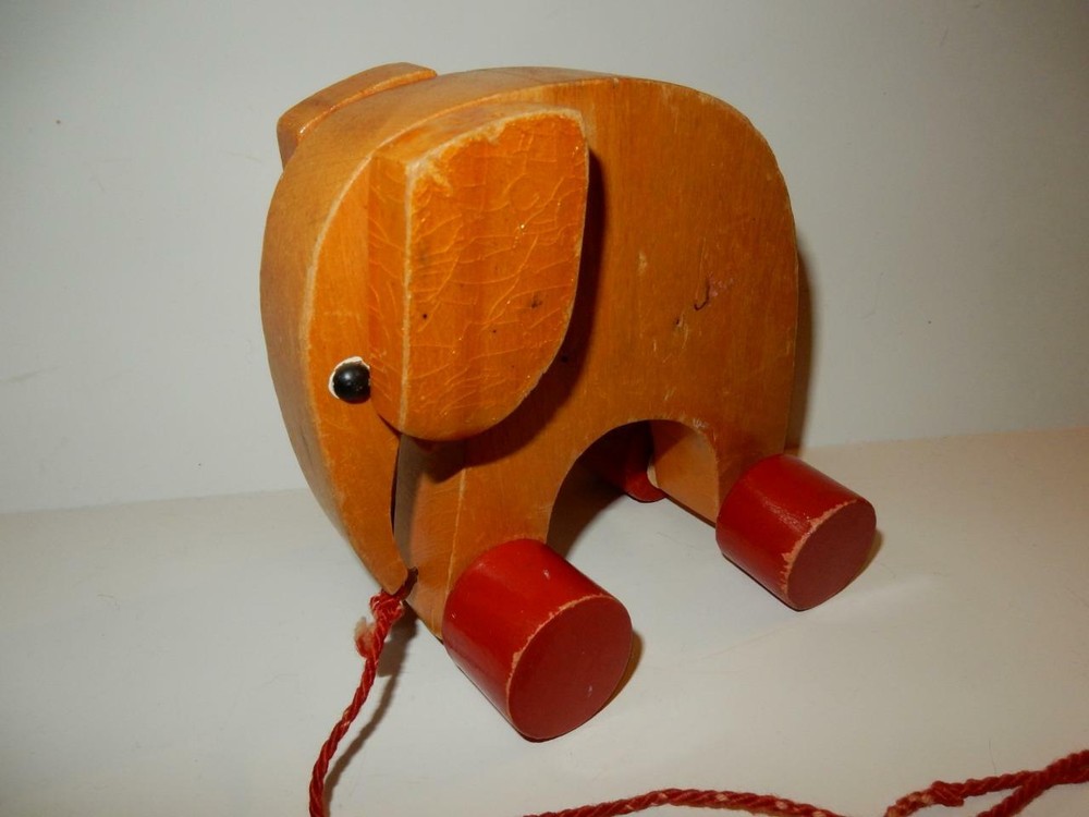 Vintage Mid Century Wood Elephant Pull Toy with original string so cute