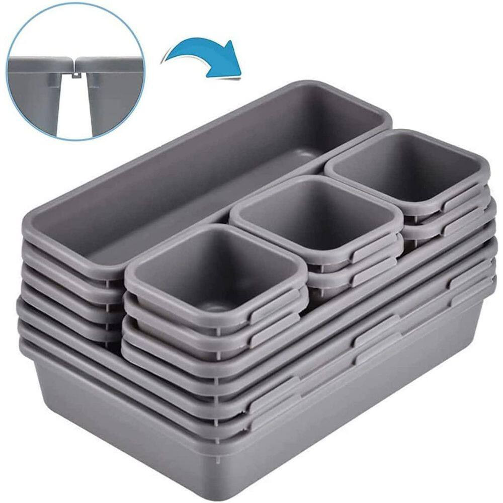 Black 15 Pcs Interlocking Drawer Organizer Trays for Office, Bathroom, Kitchen,