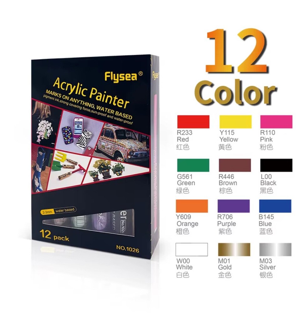Flysea Acrylic Painter 12 Pcs Set 2-3mm Water Based