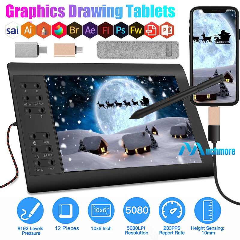 Graphics Drawing Tablet 10x6 inch Active Area 12 Hot Keys+Pen For PC/Mac/Android