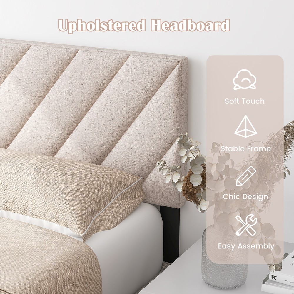 Linen Fabric Upholstered Headboard Rectangular Headboard w/ Solid Wood Legs
