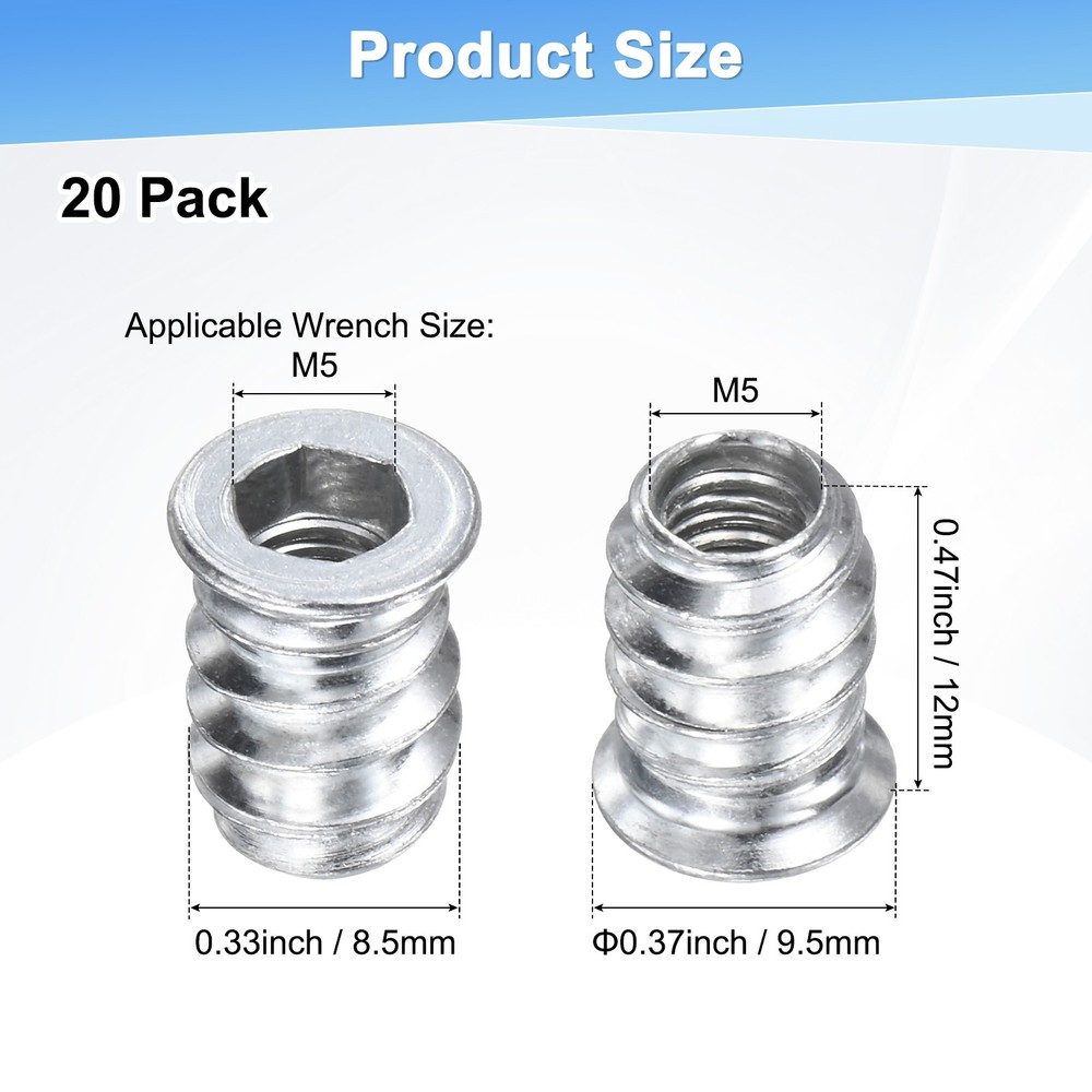 20-Pack Threaded Inserts for Wood, M5x12mm Threaded Insert Nuts [Silver Tone]