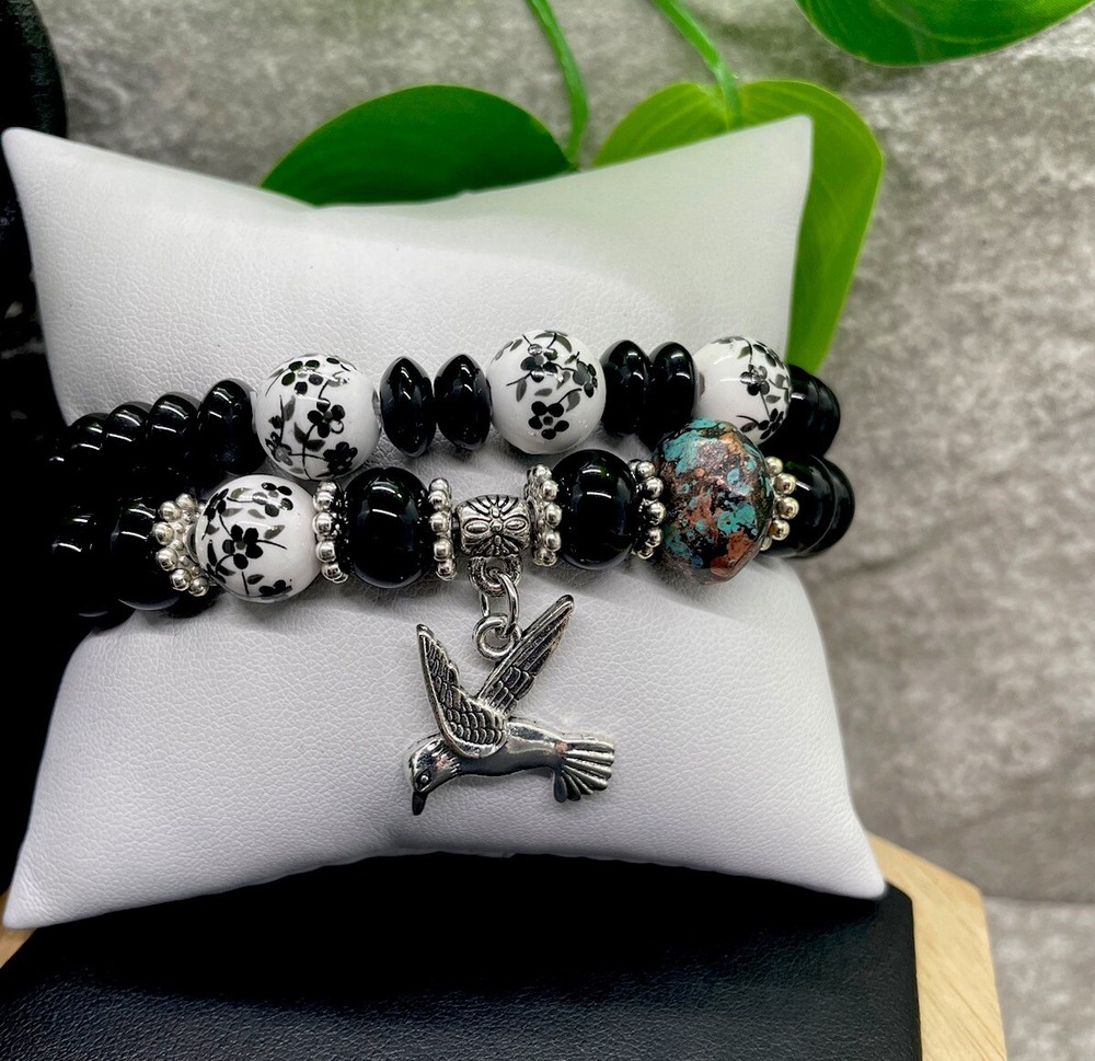 2 PC Handmade Boho  Beaded Stackable 7” Plus Stretch Bracelet Set New B1363