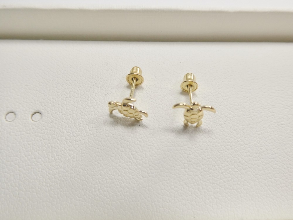 10K REAL SOLID YELLOW GOLD TURTLE SCREW BACK POST EARRINGS