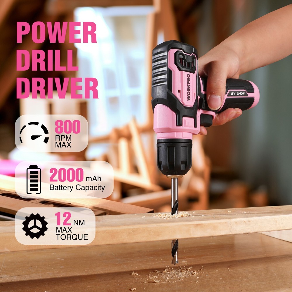 WORKPRO Pink /GrayPower Drill Set&Stackable Tool Box, 8V Cordless Drill Driver