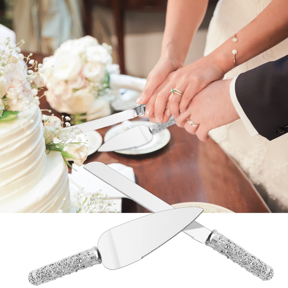 Wedding Silver Cake Knife and Server Set - 2 Pcs Dessert Set Metal Handle wit...