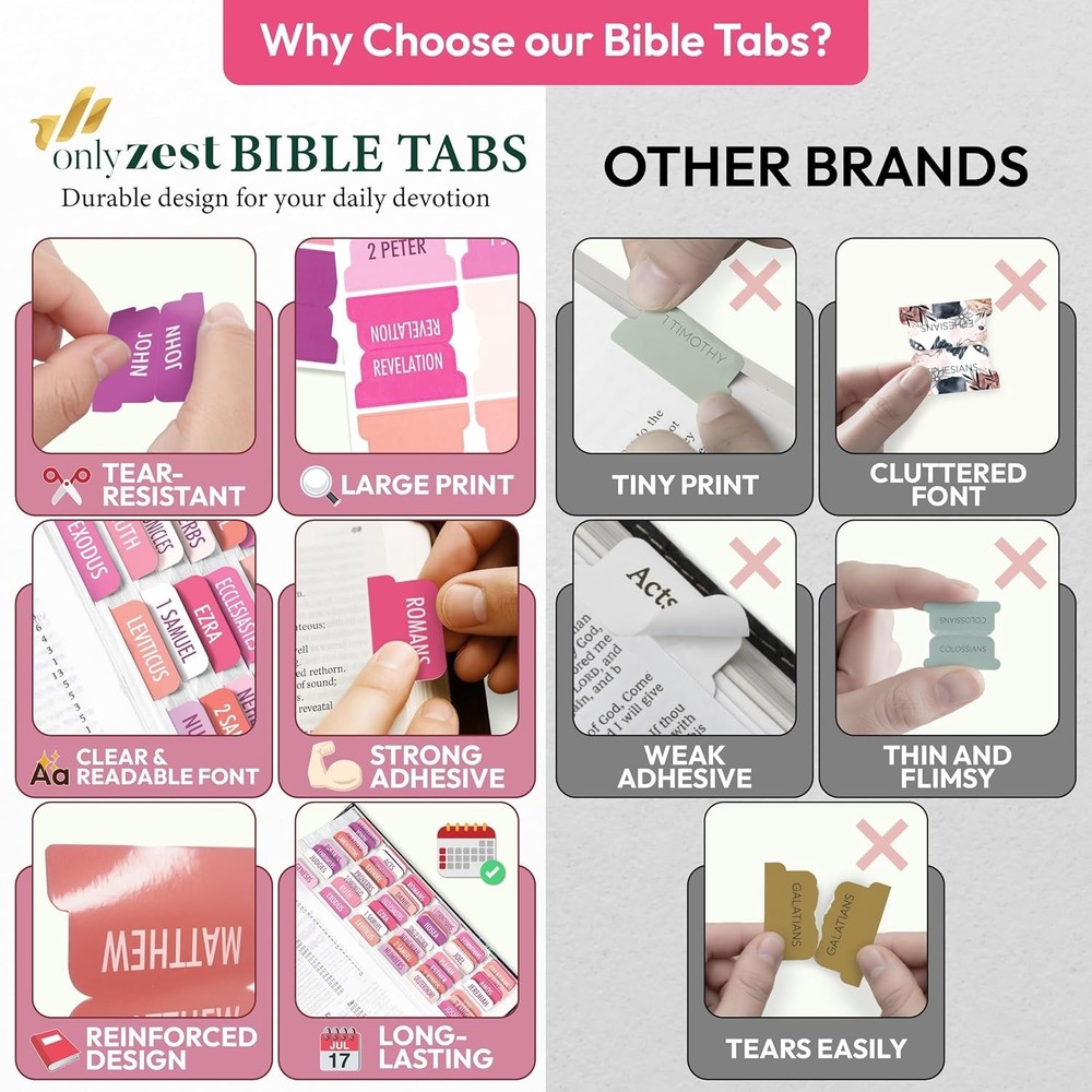 90 Pink Bible Tabs, Large Print Laminated Study Index Tabs