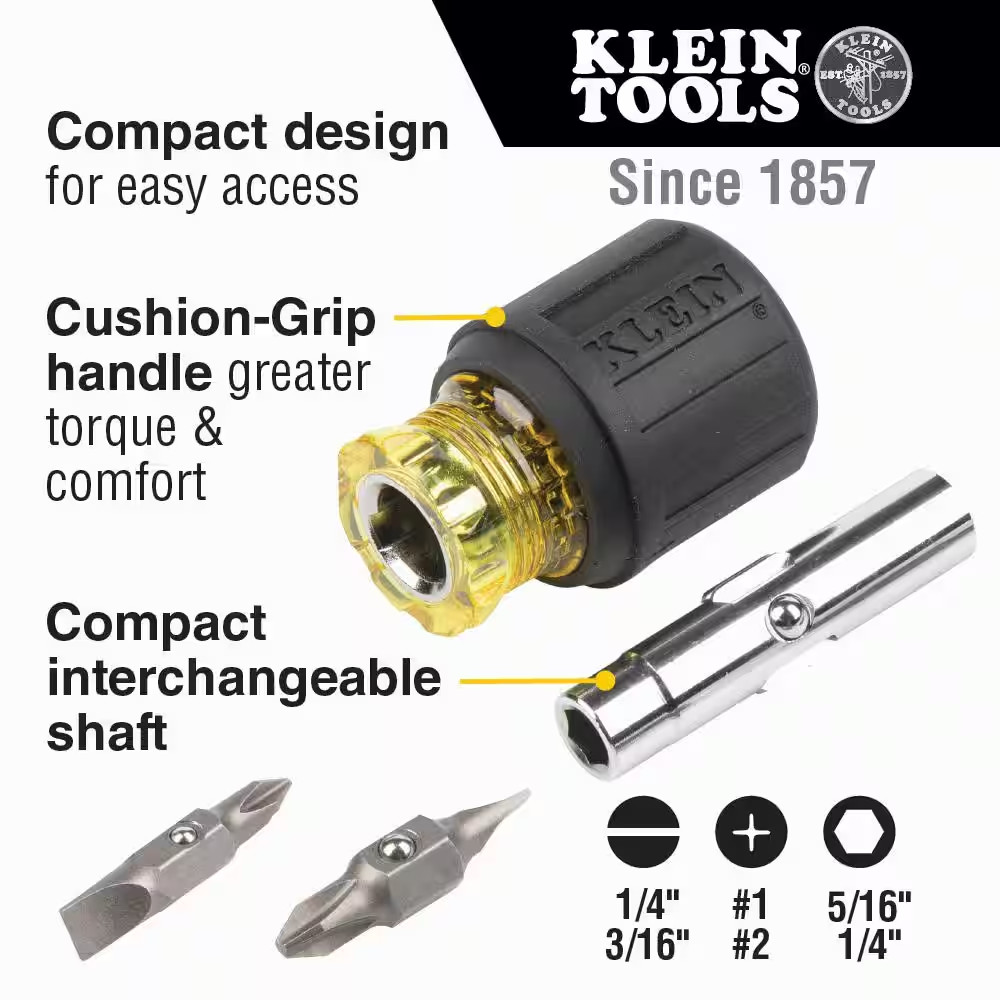 Klein Tools 32561 Stubby Screwdriver Nut Driver 6-in-1 Multi-bit Tool Free Ship