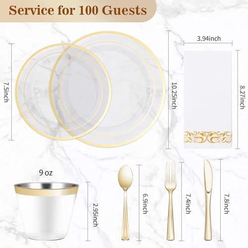 700PCS Disposable Dinnerware Set for Plastic Plates for 100 Guests Clear Gold