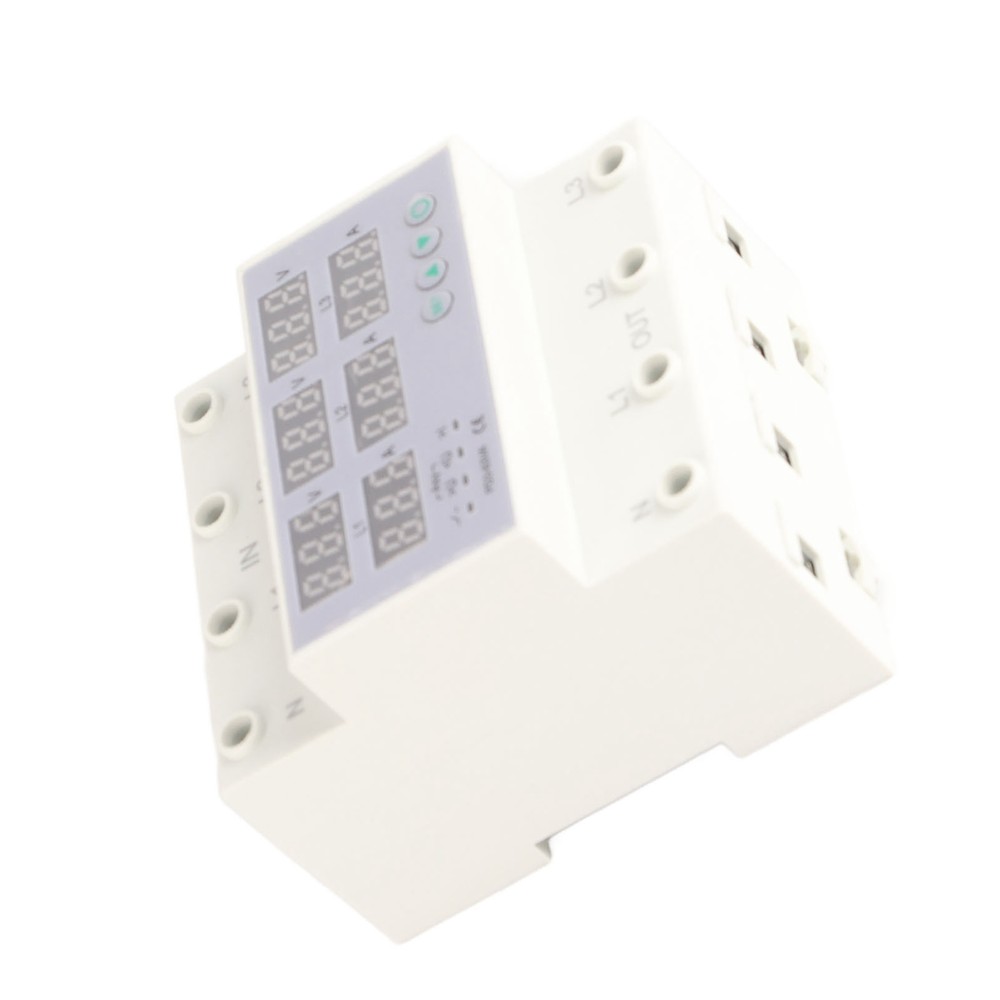 63A 3Phase DIN Rail Voltmeter Ammeter Auto-Overvoltage Overcurrent Protector AC