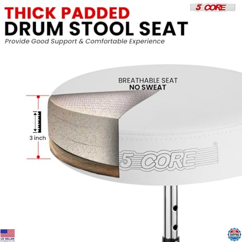5 CORE Adjustable Drum Throne - 3" Padded Stool, Double-Braced Chair, White