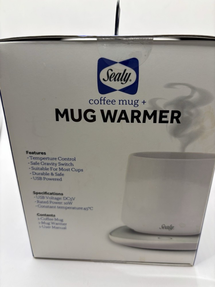 Sealy Coffee Mug & Mug Warmer 2 Pc Set USB Powered, Tem Control, Gravity Switch