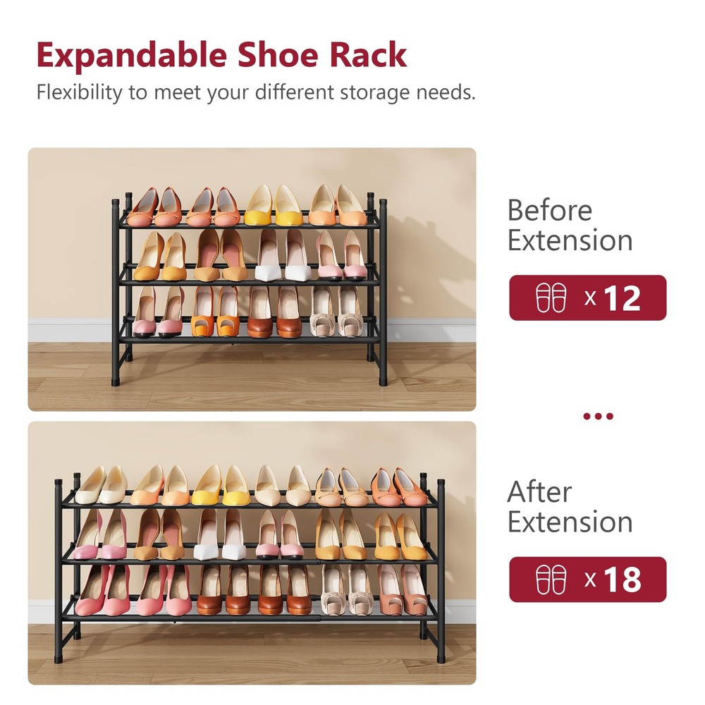 Expandable Shoe Rack for Closet 3 Tier, 28“-41“Adjustable & Stackable Shoe Sh...