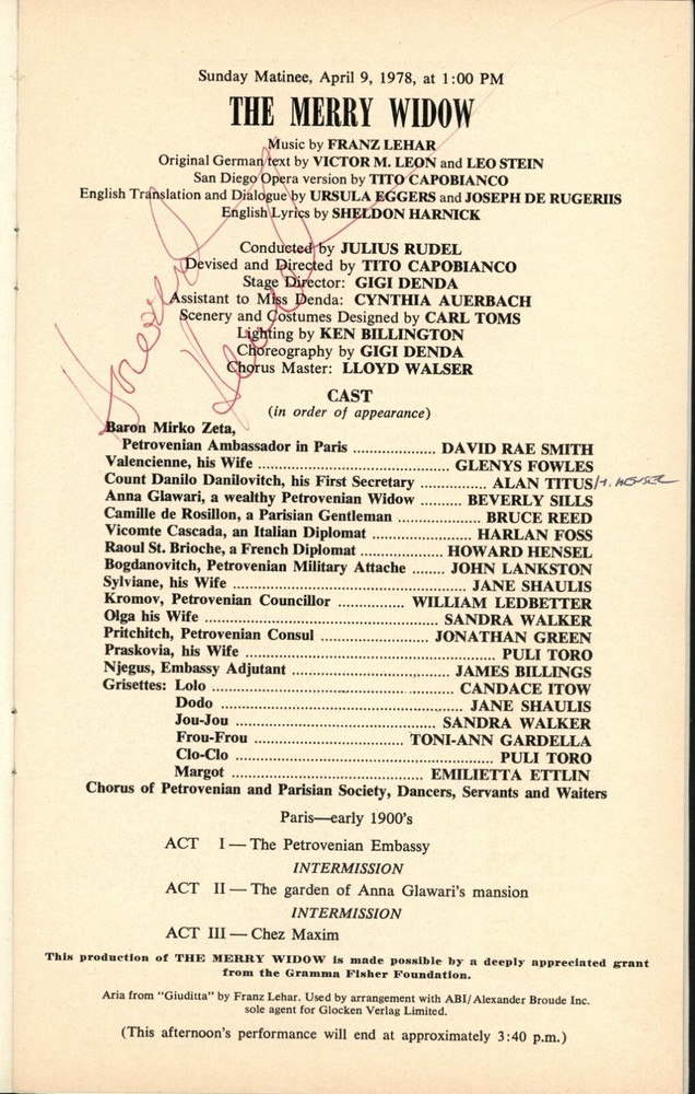 New York City Opera Autographed Program - The Merry Widow