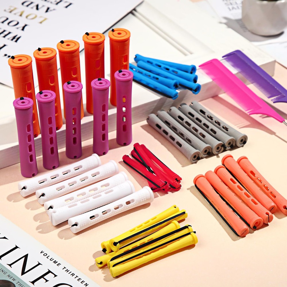 60 Pcs Perming Rods Set - 8 Sizes Cold Wave Rollers with Rat Tail Combs Clips...